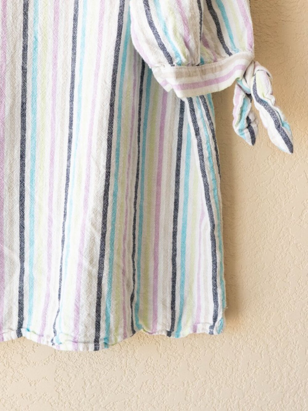 Kim Rogers Linen Blend Top XL Pastel Stripe Tie Sleeve Popover Blouse Coastal - Picture 14 of 14